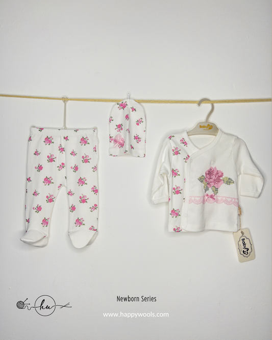 Newborn Series Baby Outfit Set 3 pieces with Pattern White & Pink