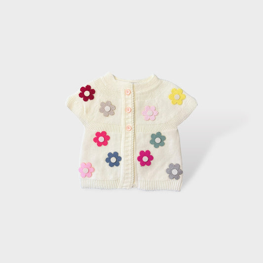 Toddler Half Sleeve Cardigan White Flower Detailed