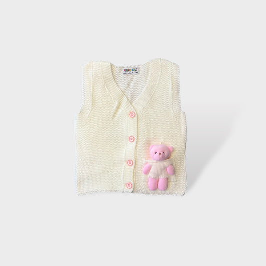 Toddler Sleeveless Cardigan White with Teddy Bear