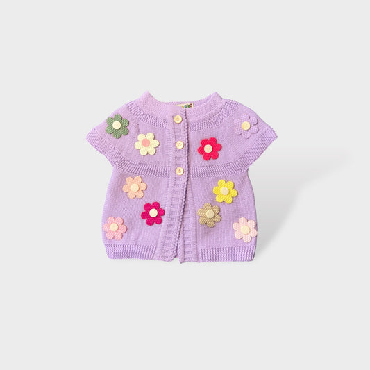 Toddler Half Sleeve Cardigan Purple Flower Detailed